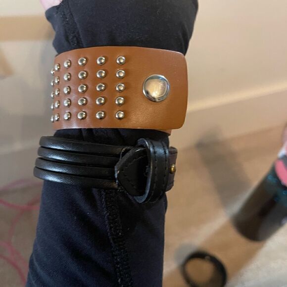 Black and Beige Grommet Authentic Leather Adjustable Bracelets - Picture 2 of 6